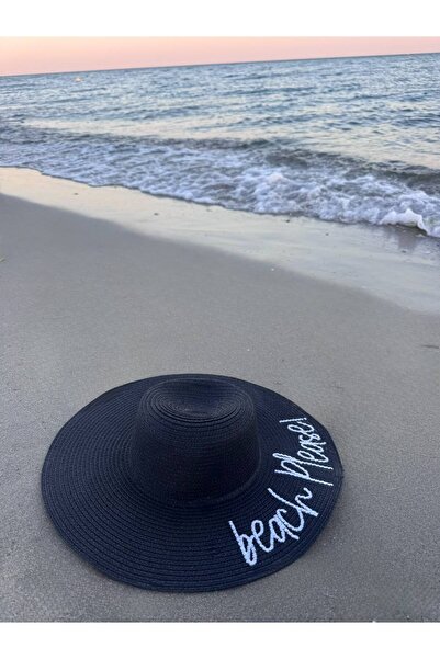 Beach Detaylı Hasır Şapka Siyah