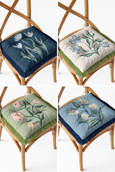 IdeCraft 4-Piece Pastel Wildflower Patterned Fringed Lace-Up Puffy Chair Cush...