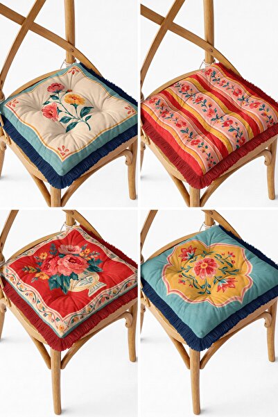 IdeCraft Vintage Botanical Garden and Vase Patterned Fringed Fluffy Chair Cus...
