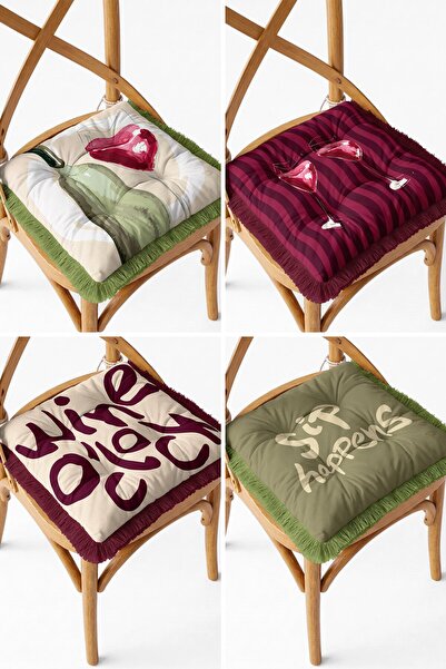 IdeCraft Set of 4 Wine Bottle and Goblet Patterned Fringed Fluffy Chair Cushions