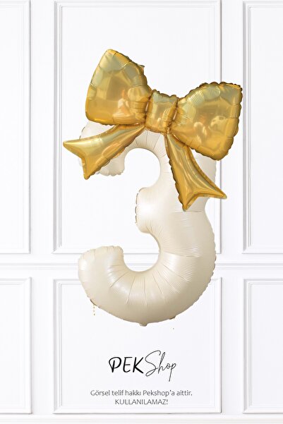 PEKSHOP GOLD Fiyonk Balonlu Retro Krem Rakam Folyo Balon Seti