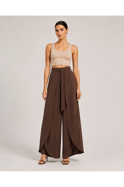 De Carte Women's Belted Double-Breasted Look Modal Fabric Wide-Leg Sweatpants