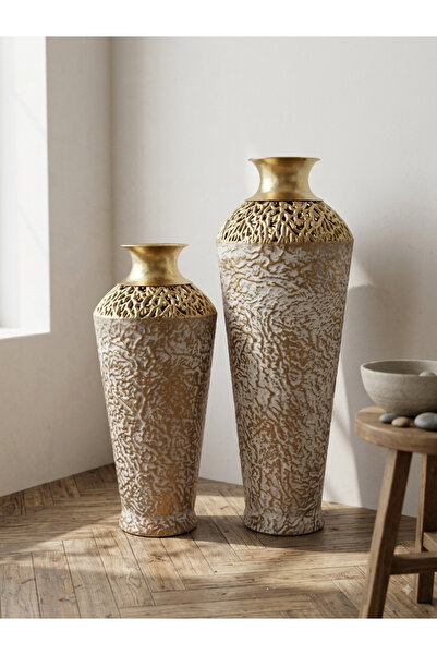 city gold 2’li Metal Gold-Taş Rengi Vazo Dekoratif 72-55cm