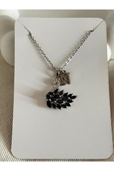 bijoux uniques Siyah zirkon taşlı kuğu model N harfli 316L çelik kolye