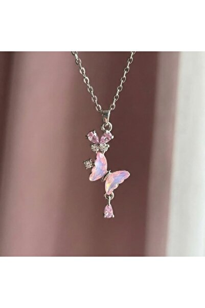 Heda Jewelry قلادة على شكل فراشة كريستالية - قلادة فراشة وردية من الفولاذ