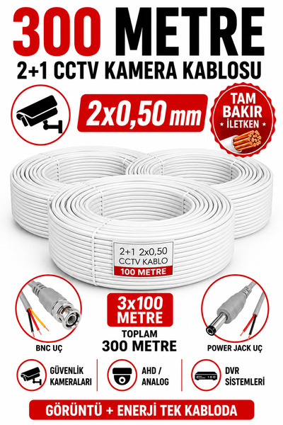 Kasliva Güvenlik Kamera Kablosu - %100 Tam Bakır 2+1 2x0,50 mm CCTV 300 Metre