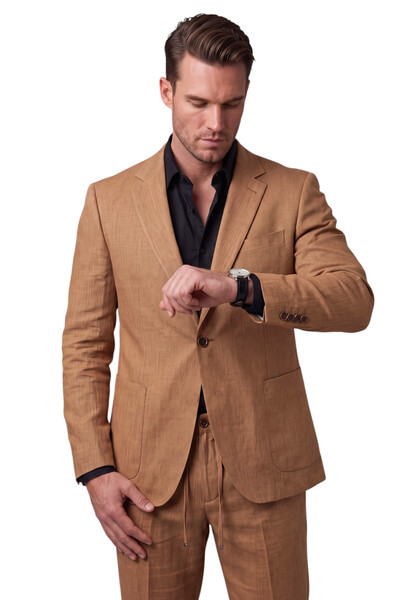 DeepSEA Men's Tan Slim Fit Linen Look Summer Suit Trousers Elastic Drawstring...