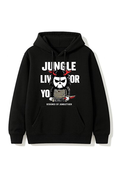 JANTIL MODA Unisex Oversize 3 Thread Yarn Kangaroo Pocket "Samurai Cat" Print...