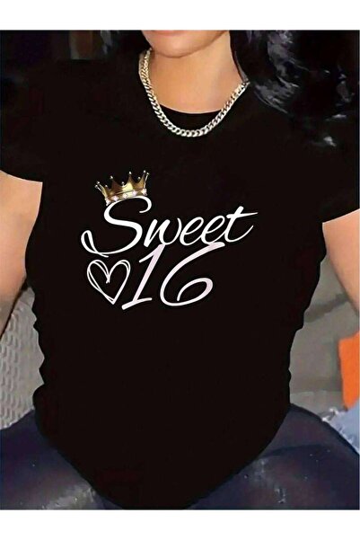 25W تي شيرت نسائي كبير الحجم، تصميم فضفاض، قطن مطبوع بتصميم Sweet 16، ملابس ل...