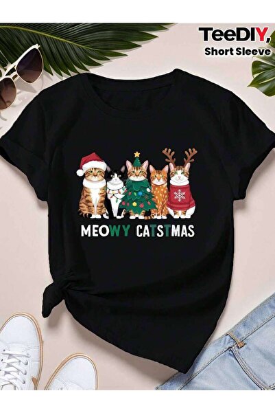 k222 تي شيرت نسائي فضفاض بطباعة مسطحة لقطط العطلات MEOWY CATMAS، قميص رياضي ب...