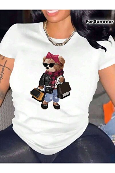 29CUN Cozy Bear Graphic Tee Wo Fashion Casual Round Neck Short Sleeve Summer ...