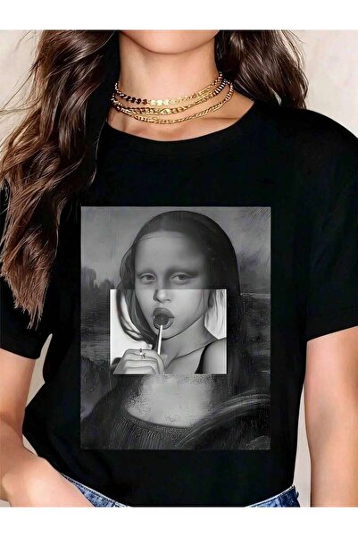26LIK Mona Lisa Lollipop Art T-Shirt Women's Funny Pop Culture Graphic Tee Un...
