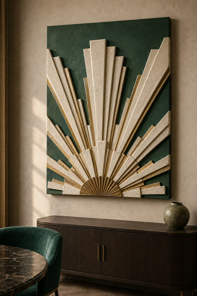 FTRMALZEMECİM PREMİUM Zümrüt Yeşili Art Deco Yelpaze Işınları Çerçevesiz Kanv...