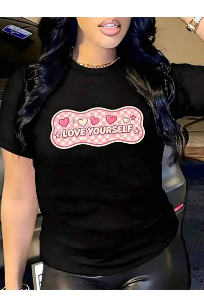 kai22 Cute Y2k Aesthetic Women's T-Shirt Love Yourself Pink Hearts Graphic Te...