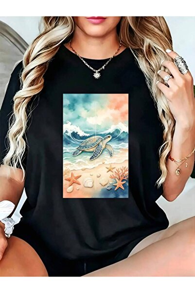 9JY Casual Artistic Women's T-Shirt Sea Turtle And Starfish Beach Scene Summe...