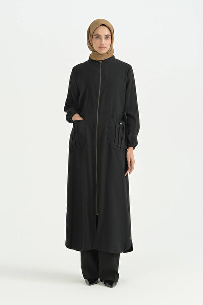 Nihan Cep Detailed Belted Tencel Ferace - Black