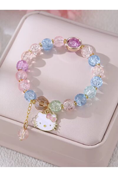 synshop Cute Cat Hello Kitty Pastel Colored Beaded Figure Bracelet Gold Detai...