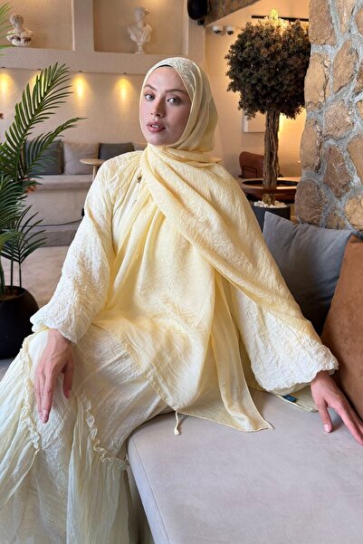 lamelif Diamond Pattern Aura Cotton Jacquard Shawl Yellow