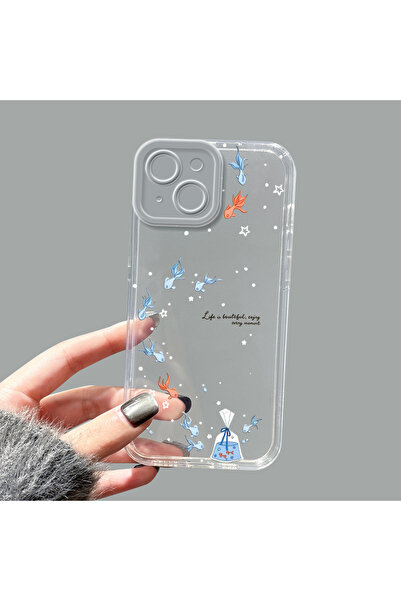 ucuc iPhone 15 Uyumlu Kamera Korumalı Anti-Darbe Estetik Baskı Desenli Şeffaf...