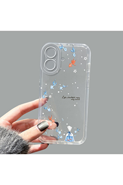 ucuc iPhone 16 Uyumlu Kamera Korumalı Anti-Darbe Estetik Baskı Desenli Şeffaf...
