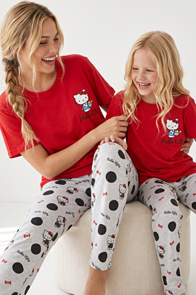 Siyah İnci Hello Kitty Lisanslı %100 Pamuk Kırmızı Çok Renkli Bisklet Yaka Pijama Takım 26120461