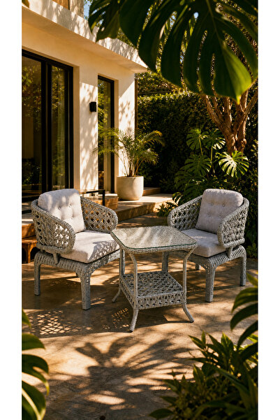 Çavdar Group Cenevre Raddan 1+1 Bistro Set Minderli 2 Kişilik Raddan Oturma G...