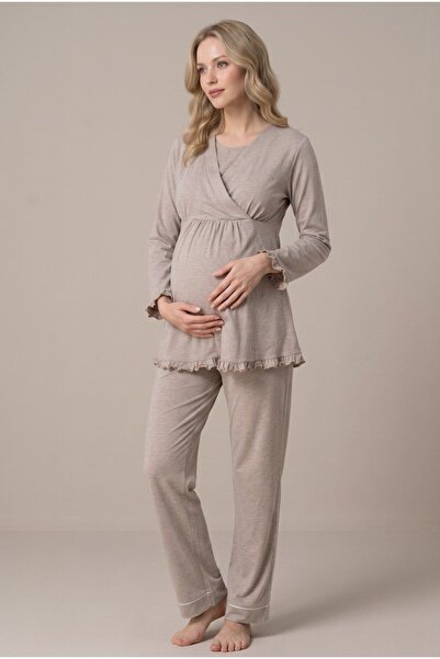 LOHOUSE Women's Beige Double-Breasted Collar Breastfeeding Detailed Long Slee...