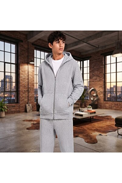 Erca Home Tekstil Ürünleri Three-Strand Hooded Fleece Zippered Gray Combed Co...