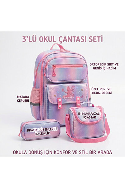 Kız Çocuk Kore Tarzı Su Geçirmez ve Ergonomik Çok Bölmeli 3'lü İlkokul Çantası Seti (Sırt Çantası, Beslenme Çantası ve Kalemlik)