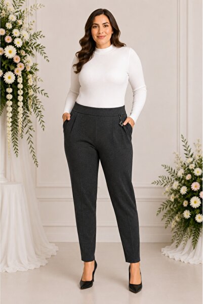 OEM Pantaloni Damă Gri Închis Elastici cu Talie Lată, Buzunare și Detaliu Dec...