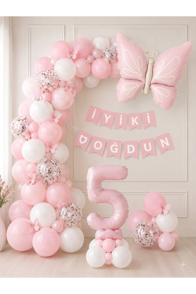 ALYA PARTİ 5 Yaş Kız Bebek Doğum Günü Balon Seti – Pembe Kelebek Konseptli Pa...