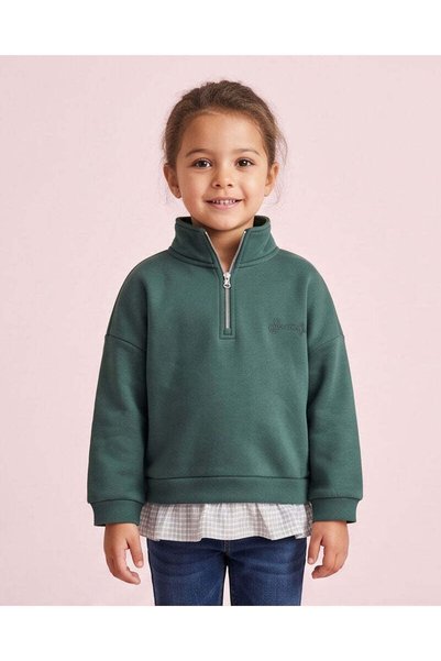 REDTAG Girls Green Half Zip Ruffle Hem Sweatshirt