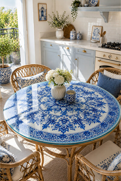 Decorita Masa Camı | Mavi Zarafet | Çap100cm