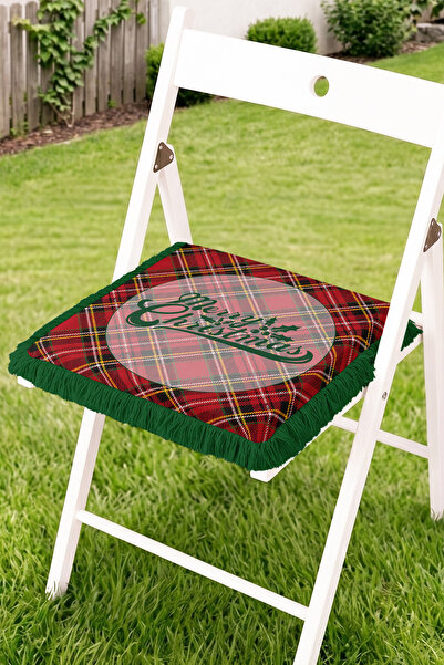 Realhomes Merry Christmas Written Plaid Patterned Fringed Zippered Chair Cush...