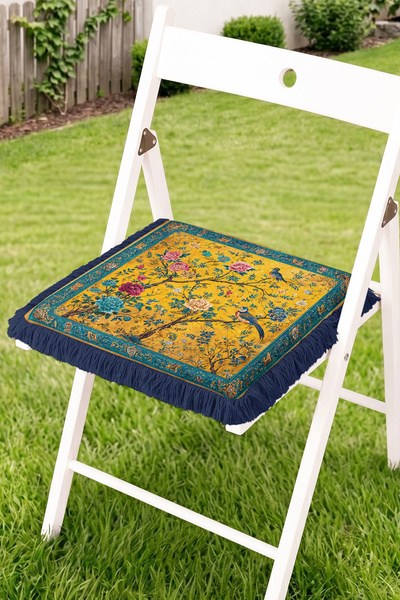 Realhomes Classic Shawl Patterned Fringed Zippered Chair Cushion with Birds a...
