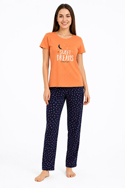 FAMES PİJAMA Women's Summer Sweet Dreams Orange Pajama Set