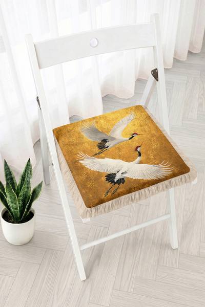 Realhomes Fringed Zippered Chair Cushion with Flying Crane Bird Figure - Vint...