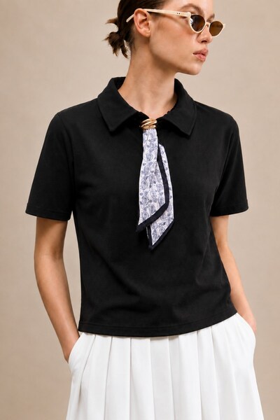 GIA - ART Women's Polo Collar T-Shirt with Satin Scarf Detail in Black – 100%...