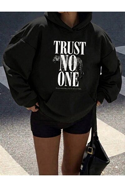 LELVANİ Unisex Trust No One Lion Printed Hooded Sweatshirt