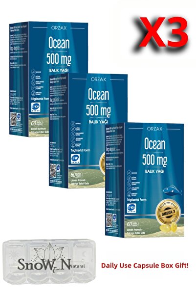 Ocean زيت السمك أوميغا 3 500 ملغ 60 كبسولة 3 قطع (180 كبسولة) + علبة حبوب هدية
