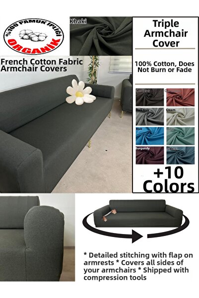 İLYEVTEKSTİLİ 100% Cotton Fabric 1 Piece Three-Seat Sofa Cover, Complete Cove...