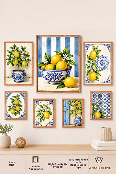 UNT Set de pictură pe pânză MDF cu 7 piese, cu tematică mediteraneană cu lămâ...