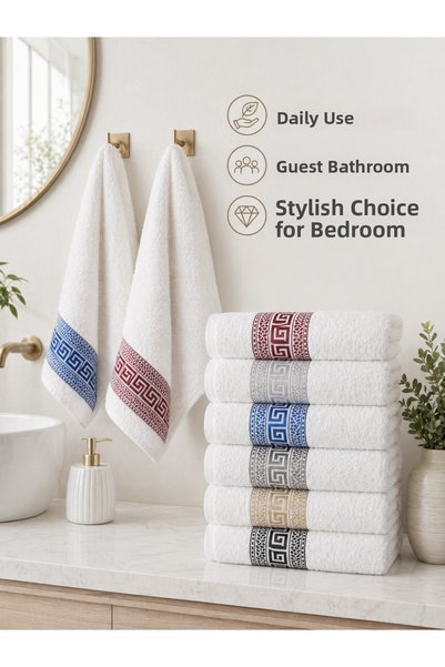 HAVLUSAN White Grek 6-Piece Hand and Face Towel Set 50X90 cm White Cotton Jacquard Patterned Towel