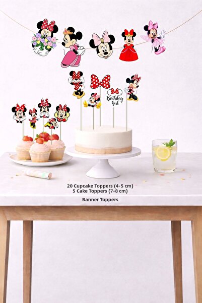 Sinek Kupası Tasarım Minnie Mouse Birthday Set 5 Figures Banner 5 Figures Cak...