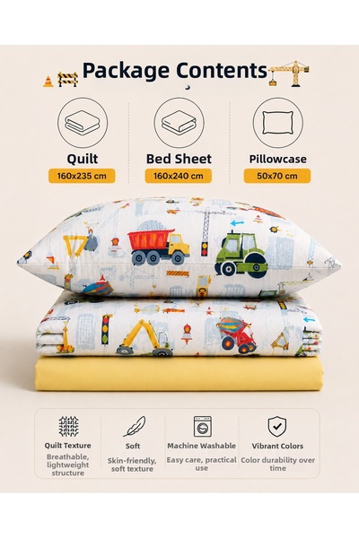 Rebeka Home Collection Vento Children's Pique Set with Vehicle Pattern, Single Pique Sheet and Pillowcase Set