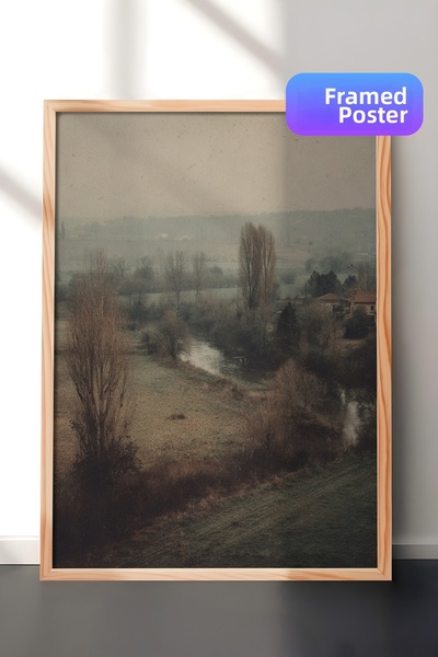 Zestia Pictură murală vintage, peisaj rural pe malul râului, înrămată în lemn...