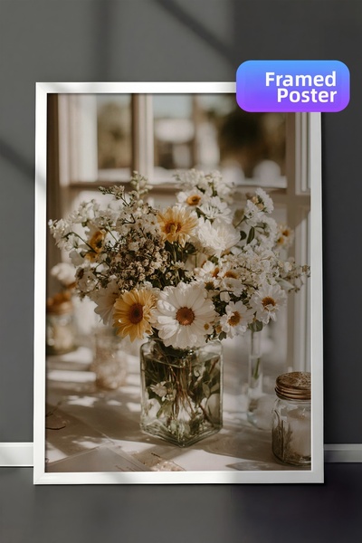 Zestia Vintage Wall Painting, Glass Vase with Daisies White Framed No: 20178