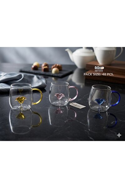 İnterlife Colorful 3D Heart Borosilicate Mug Heat Resistant Special Design Gift