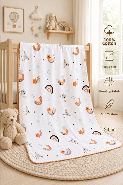 Sitilin Baby Girl and Boy Single Layer Muslin Swaddle Blanket with Pompom Sum...