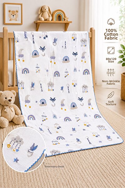 Sitilin Baby Boy Single Layer Muslin Swaddle Blanket with Pompom Summer Strol...